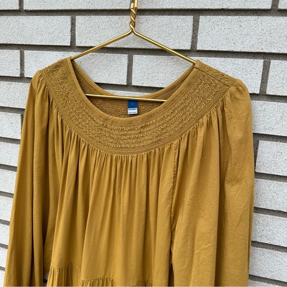 Old Navy Long-Sleeve Tiered Smocked Embroidered Mini Swing Dress Gold Celandine - Picture 3 of 10